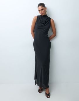 TFNC TFNC high neck chiffon scarf detail maxi dress in black