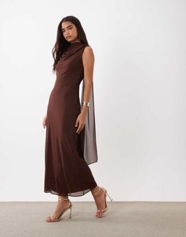 TFNC TFNC high neck chiffon scarf detail maxi dress in chocolate-Brown