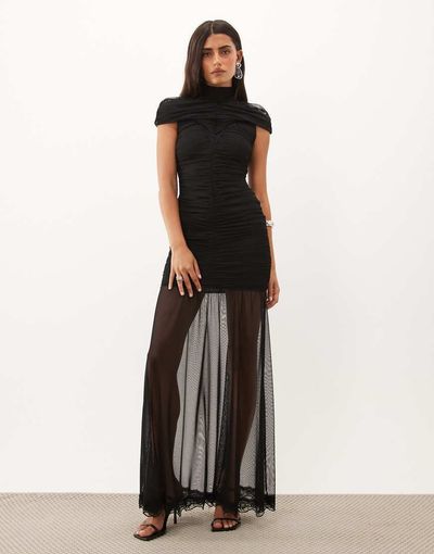 TFNC TFNC high neck mesh maxi dress with ruched detailing in black
