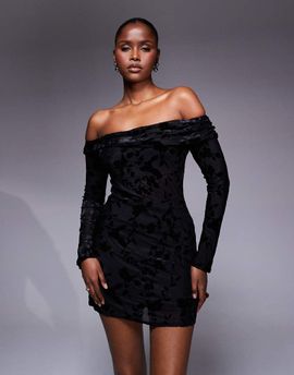 TFNC TFNC off shoulder long sleeve mini dress in black velvet burn out