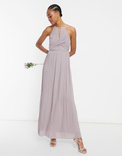 TFNC TFNC Plus bridesmaid pleated wrap detail maxi dress in gray-Grey