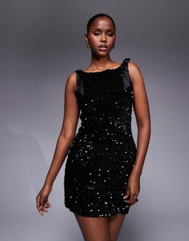 TFNC TFNC premium mini dress with v-back and shoulder bows in black sequin