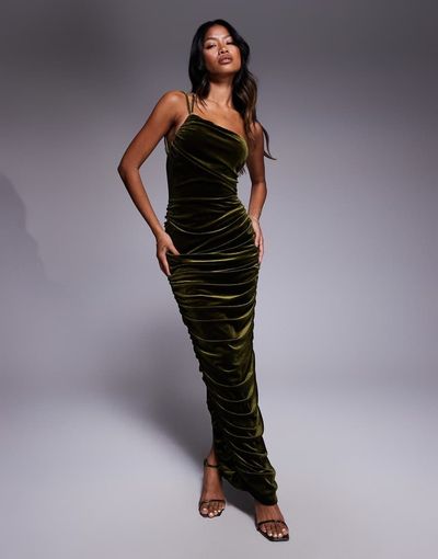 TFNC TFNC ruched one-shoulder maxi dress in olive green velvet