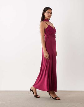 TFNC TFNC satin bust chiffon scarf detail maxi dress in raspberry-pink