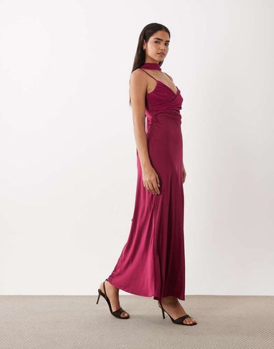 TFNC TFNC satin bust chiffon scarf detail maxi dress in raspberry-pink