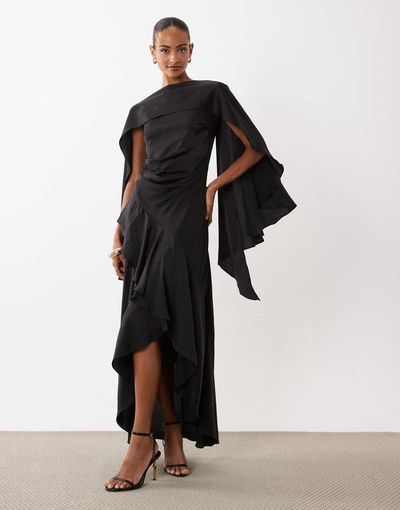 TFNC TFNC satin cape top maxi dress with wrap skirt in black