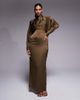 TFNC TFNC satin high neck fold over detail maxi dress in olive-Gold - 1