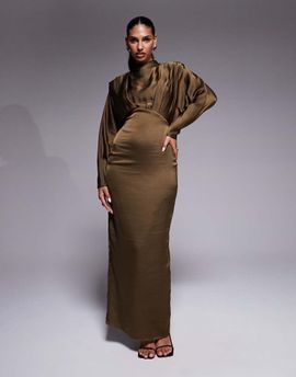 TFNC TFNC satin high neck fold over detail maxi dress in olive-Gold