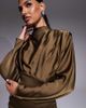 TFNC TFNC satin high neck fold over detail maxi dress in olive-Gold - 2