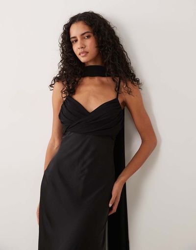 TFNC TFNC satin high neck sheer hem chiffon scarf detail maxi dress in black