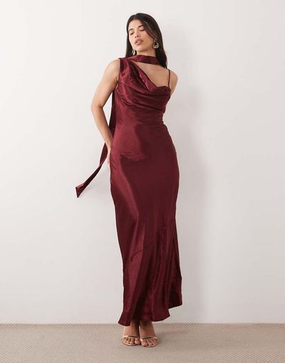 TFNC TFNC satin one shoulder cowl neck scarf detail maxi dress in burgundy-RED