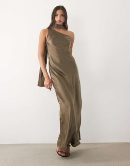 TFNC TFNC satin one shoulder maxi dress with scarf in olive-Green