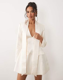 TFNC TFNC satin scarf detail v neck with shoulder pad detail mini dress in ivory-White