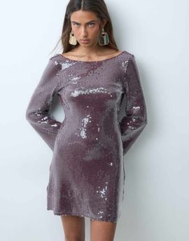 TFNC TFNC sequin fluted sleeve scoop low back mini dress in burgundy-RED