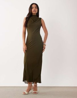 TFNC TFNC slinky high neck chiffon scarf detail maxi dress in olive-Green
