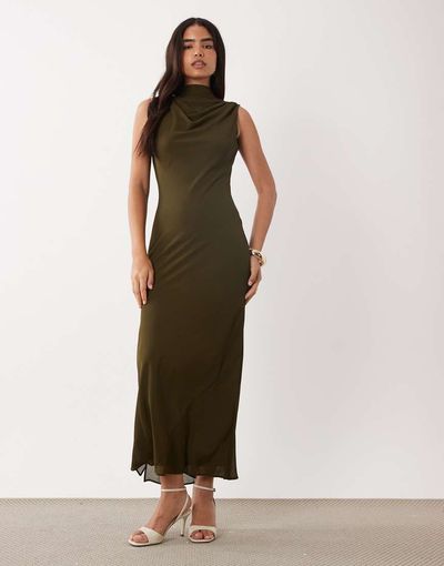 TFNC TFNC slinky high neck chiffon scarf detail maxi dress in olive-Green