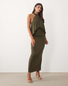 TFNC TFNC slinky high neck halter detail open back maxi dress in olive-Green