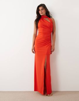 TFNC TFNC slinky one-shoulder scarf high slit maxi dress in orange