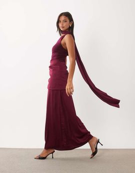 TFNC TFNC slinky one shoulder draped detail scarf neck satin maxi dress in burgundy-Red