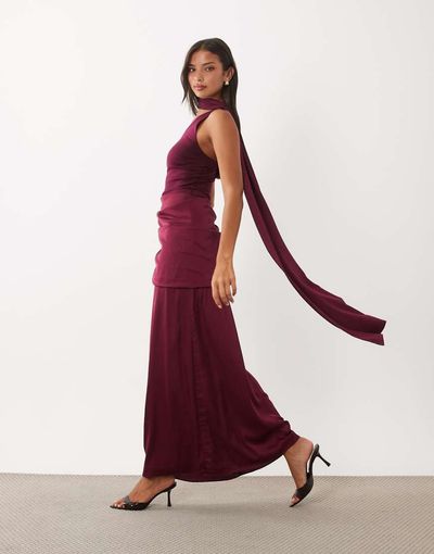 TFNC TFNC slinky one shoulder draped detail scarf neck satin maxi dress in burgundy-Red