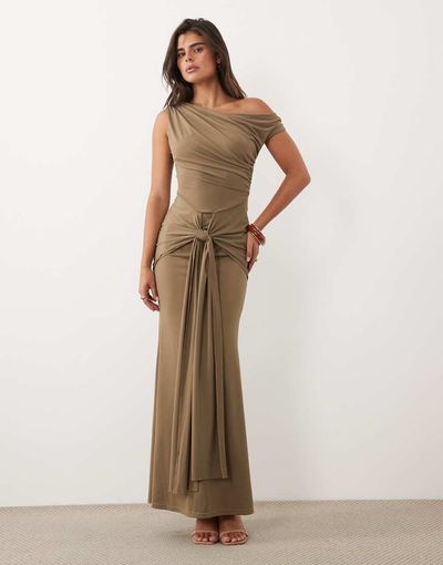 TFNC TFNC slinky one shoulder draped knot detail maxi dress in mocha-Brown