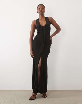 TFNC TFNC slinky scoop neck ruched drape detail maxi dress in black