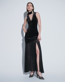 TFNC TFNC velvet plunge neck scarf detail thigh high split maxi dress in black