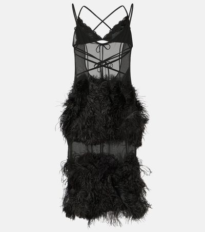 The Attico The Attico Sheer feather-trimmed midi dress