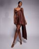 The Dolls House Circa The Dolls House Circa Anthia premium dramatic shoulder cut out draped satin mini dress in chocolate-Brown - 1