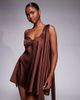 The Dolls House Circa The Dolls House Circa Anthia premium dramatic shoulder cut out draped satin mini dress in chocolate-Brown - 2