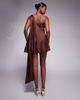The Dolls House Circa The Dolls House Circa Anthia premium dramatic shoulder cut out draped satin mini dress in chocolate-Brown - 3