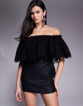 The Dolls House Circa The Dolls House Circa Kelsey leather look lace overlay off the shoulder mini dress in black