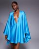 The Dolls House Circa The Dolls House Circa Lorena volume sleeve plunge satin mini dress in turquoise blue - 4