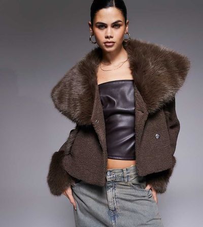 The Frolic The Frolic exclusive bouclé faux fur oversized collar and cuff detailing jacket in chocolate-Brown