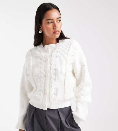 The Frolic The Frolic exclusive cable knit faux pearl button up scallop trim cardigan in cream-White