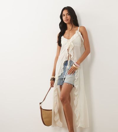 The Frolic The Frolic exclusive chiffon frill detail tie front maxi dress in cream-Brown