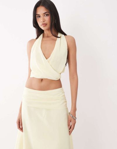 The Frolic The Frolic exclusive chiffon halter tie neck side detail top in lemon - part of a set-Yellow