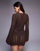 The Frolic The Frolic exclusive cotton blend crochet knit split front flare sleeve beach top in chocolate - part of a set-Brown - 4