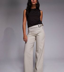 The Frolic The Frolic exclusive cotton denim metal belt detailing wide leg pants in beige-Neutral