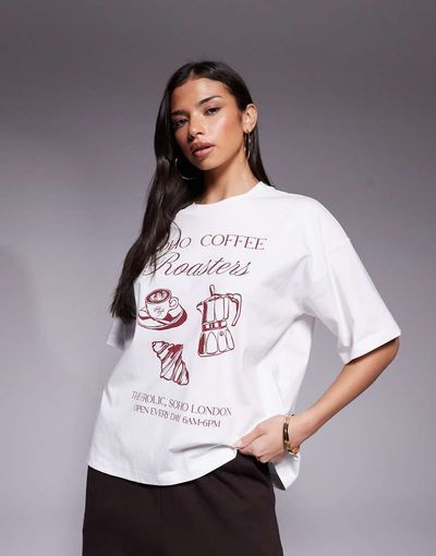 The Frolic The Frolic exclusive cotton dropped shoulder 'coffee' graphic front oversized T-shirt in cream-White