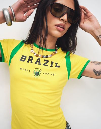 The Frolic The Frolic exclusive cotton rich 'Brazil' soccer graphic baby tee in yellow & green