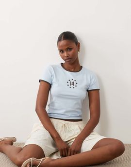 The Frolic The Frolic exclusive cotton rich contrast trim number star graphic baby tee in baby blue