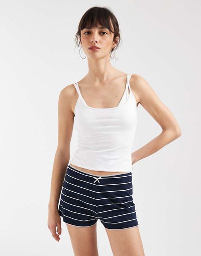The Frolic The Frolic exclusive cotton rich lace trim bow detail micro shorts in navy stripes