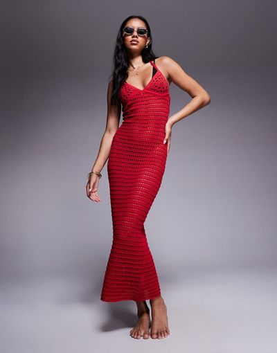 The Frolic The Frolic exclusive crochet halterneck maxi dress in red