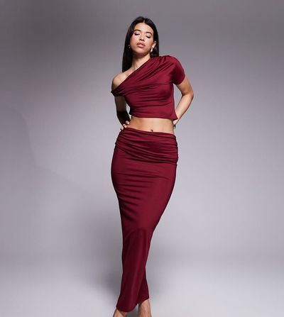 The Frolic The Frolic Exclusive double sculpted slinky drape ruched front detail maxi skirt in burgundy - part of a set-Red