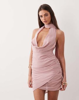 The Frolic The Frolic exclusive exaggerated plunge neck tie detail wrap mini dress in dusty pink-Brown