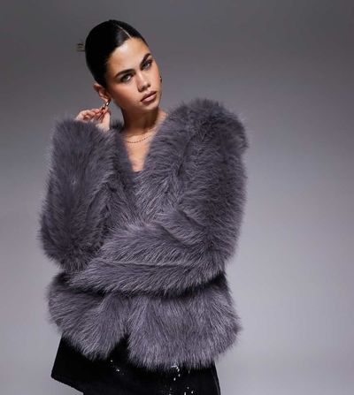 The Frolic The Frolic exclusive faux fur hooded jacket in dark gray