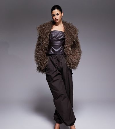 The Frolic The Frolic exclusive faux fur oversized collar coat in coffee-Brown