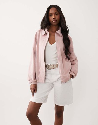 The Frolic The Frolic exclusive faux suede balloon sleeve collared bomber jacket in baby pink