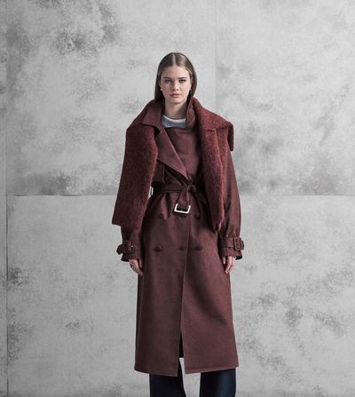 The Frolic The Frolic Exclusive faux suede oversized collar detail belted trench coat in plum-Purple
